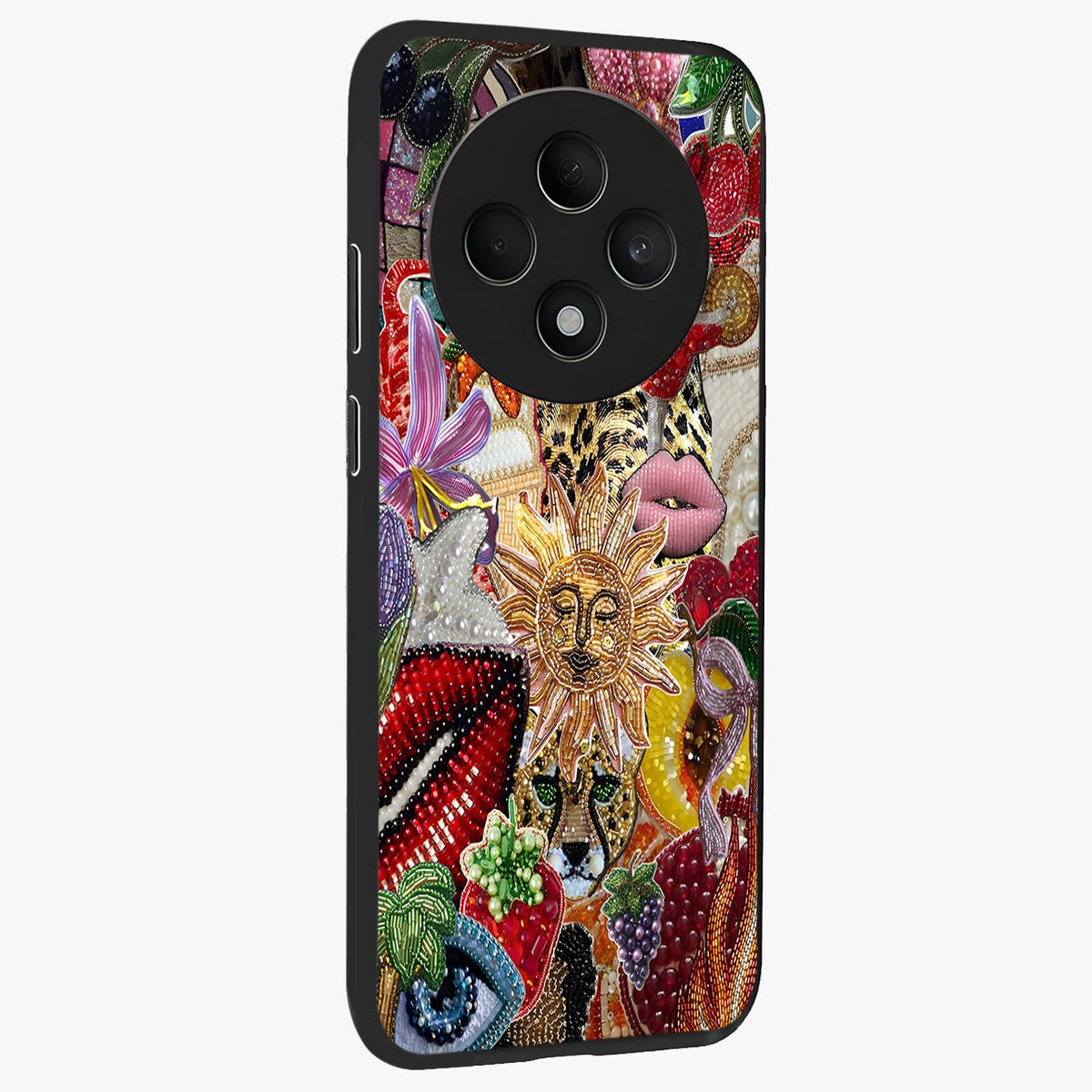 Beaded Fashion Jungle Glass Case upright view showcasing tropical jungle aesthetic with decorative bead elements.