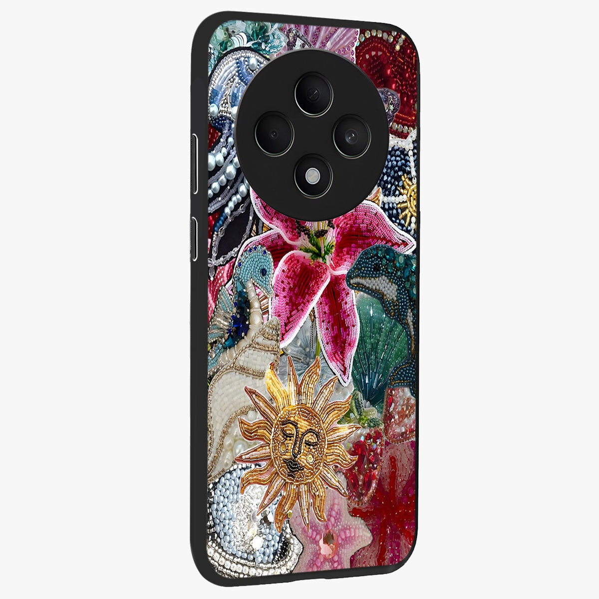 Beaded Garden Fantasy Glass Case upright view showcasing whimsical garden aesthetic with artistic bead details.