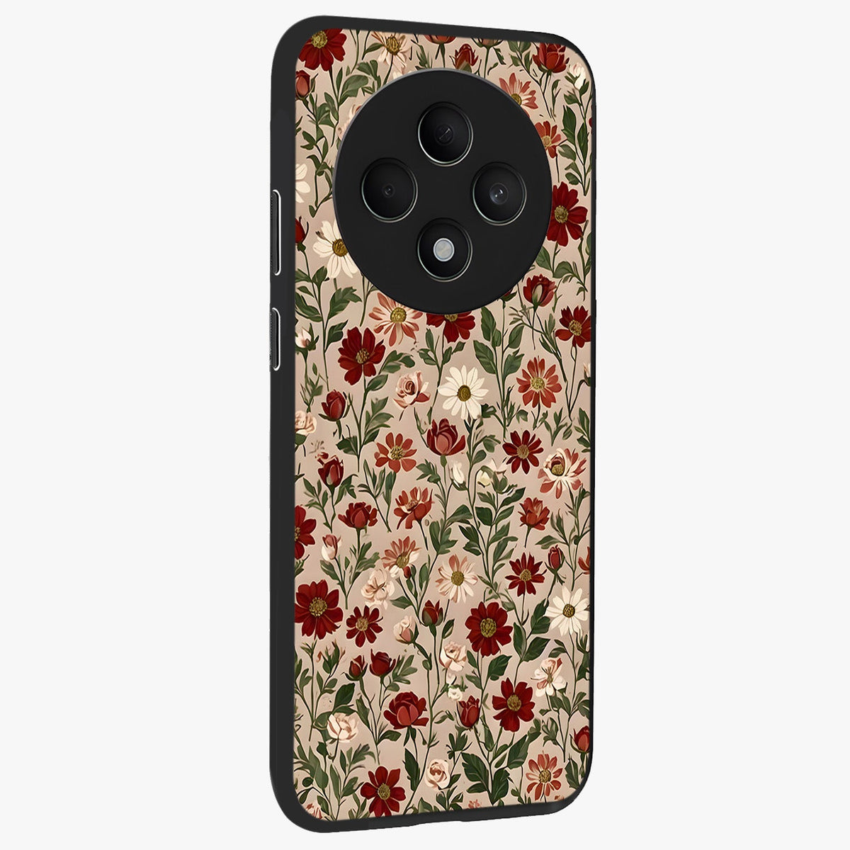 Biege Flower With Leaf Glass Case upright view showcasing delicate beige flower illustration with clean botanical style.