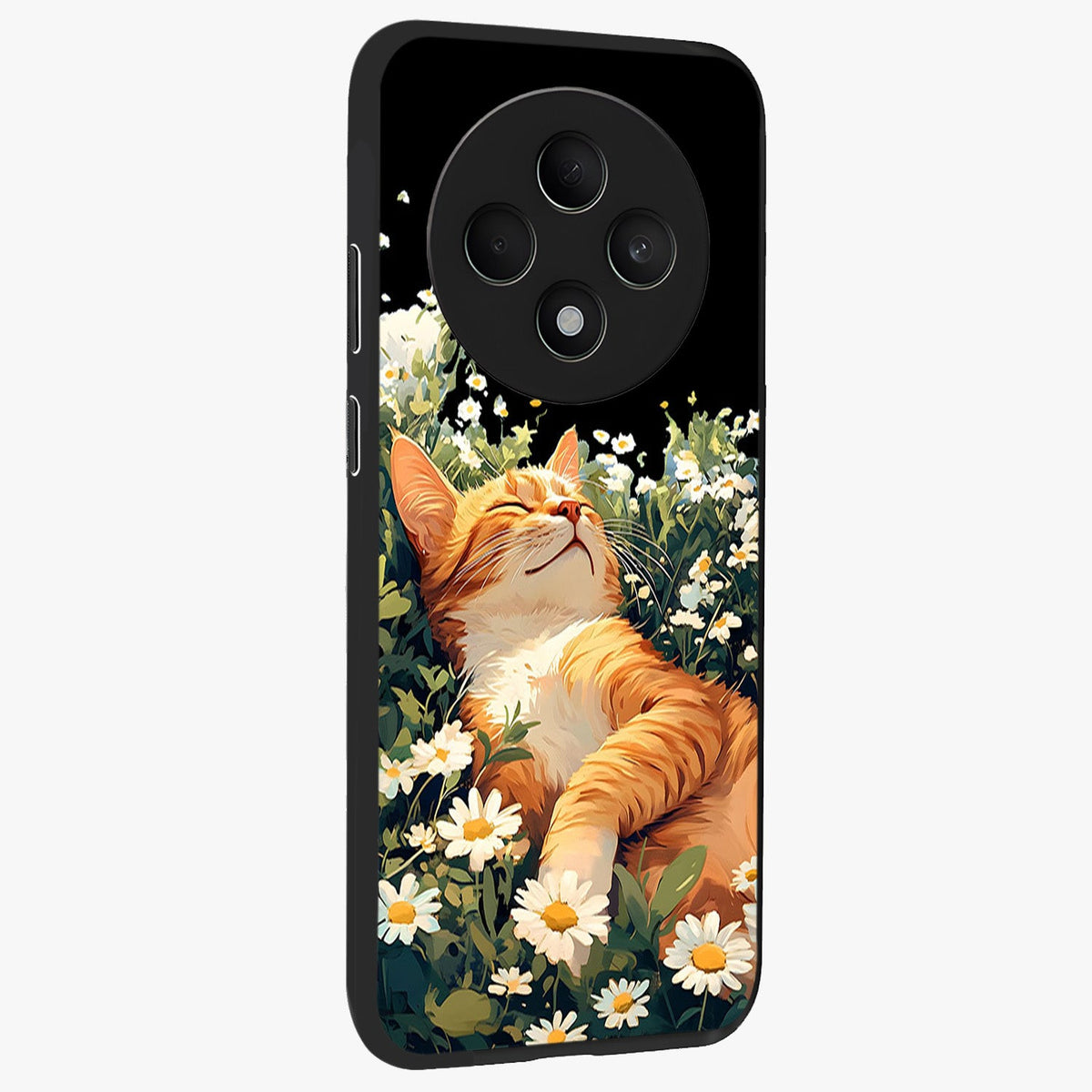 Blissful Bloom Cat Glass Case upright view showcasing charming cat design surrounded by blooming floral elements.