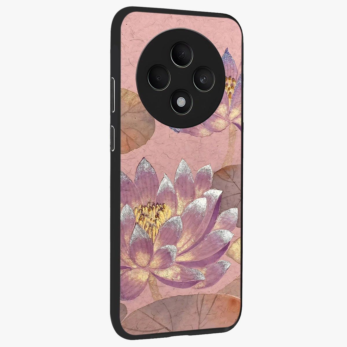 Blossom Mist Lotus Glass Case upright view showcasing graceful lotus flower design with peaceful botanical style.