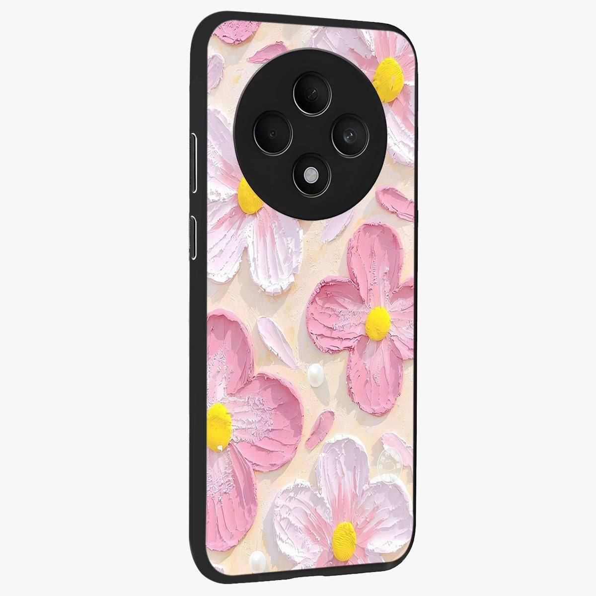 Blush Bloom Texture Glass Case upright view showcasing delicate blush floral texture with modern minimal style.