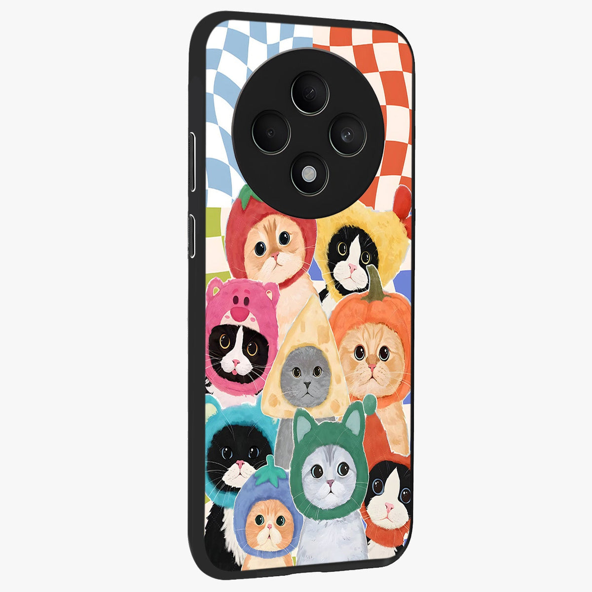 Cats in Fruits Glass Case upright view showcasing charming cat artwork with fun fruity theme.