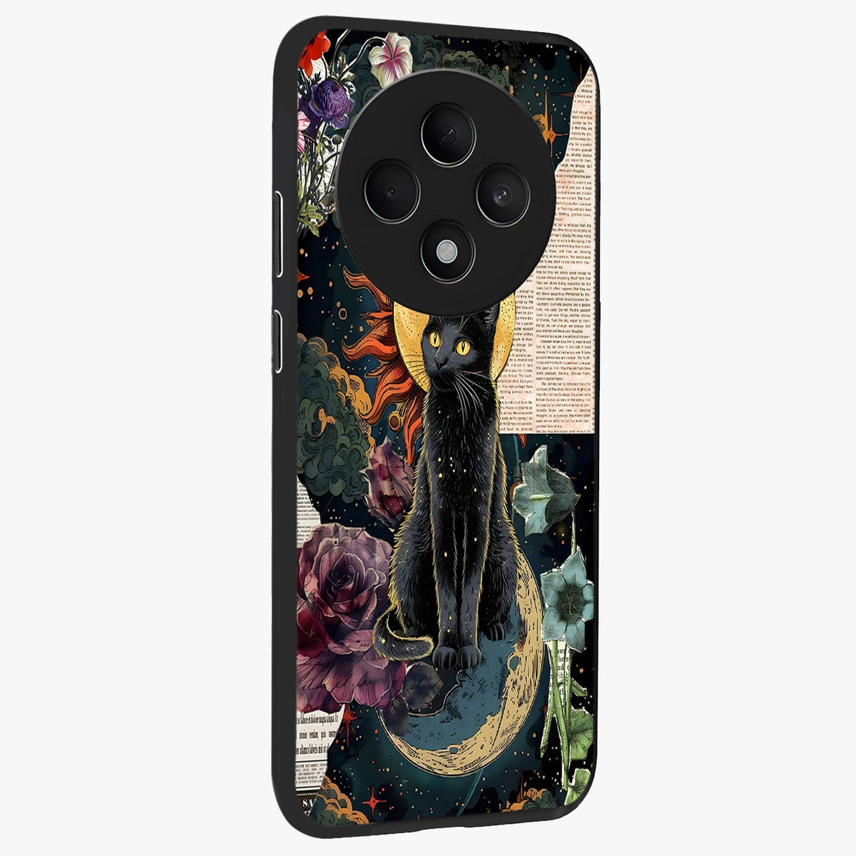 Celestial Black Cat Glass Case upright view showcasing magical black cat illustration with starry cosmic theme.