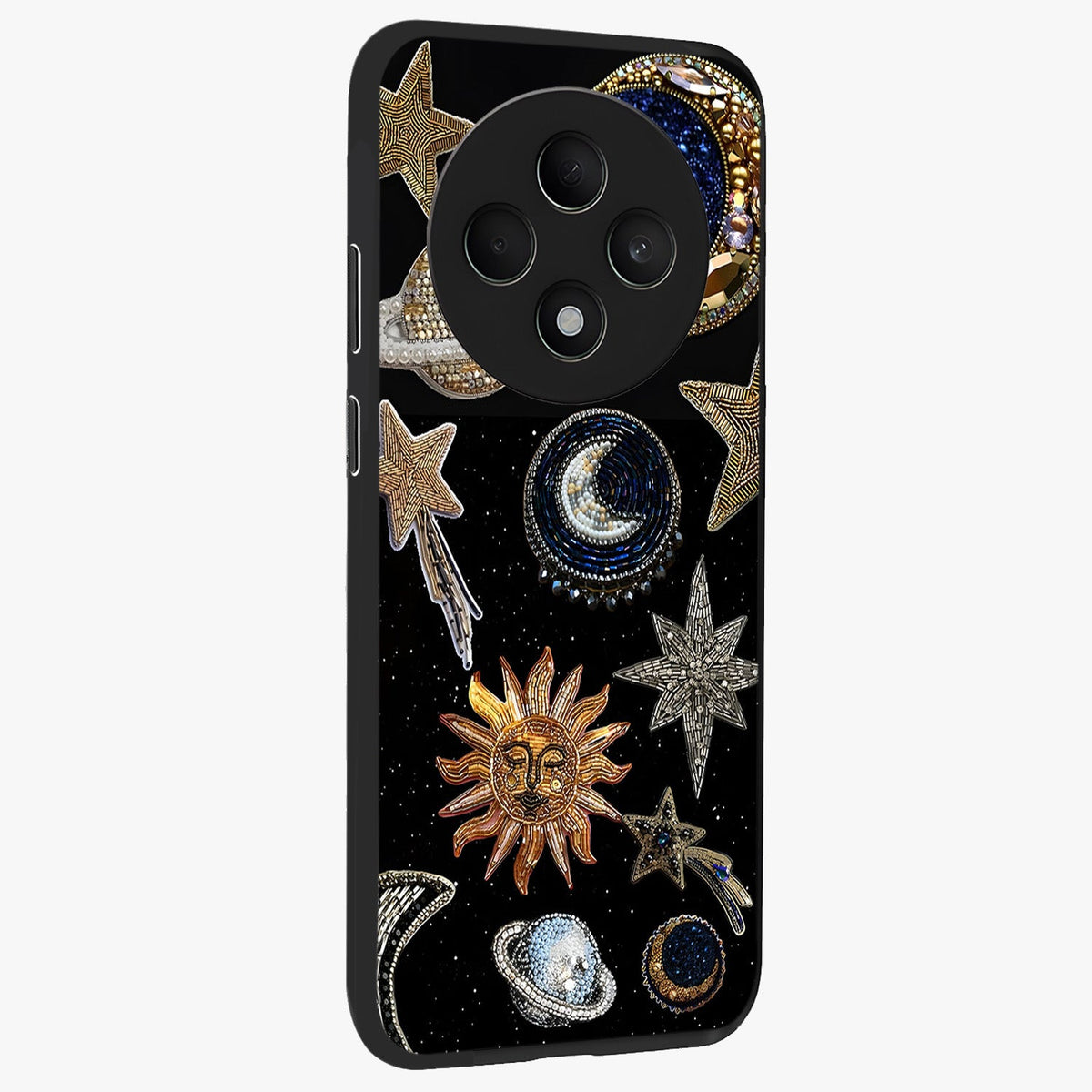 Celestial Gem Constellations Glass Case upright view showcasing cosmic constellation artwork with celestial aesthetic style.