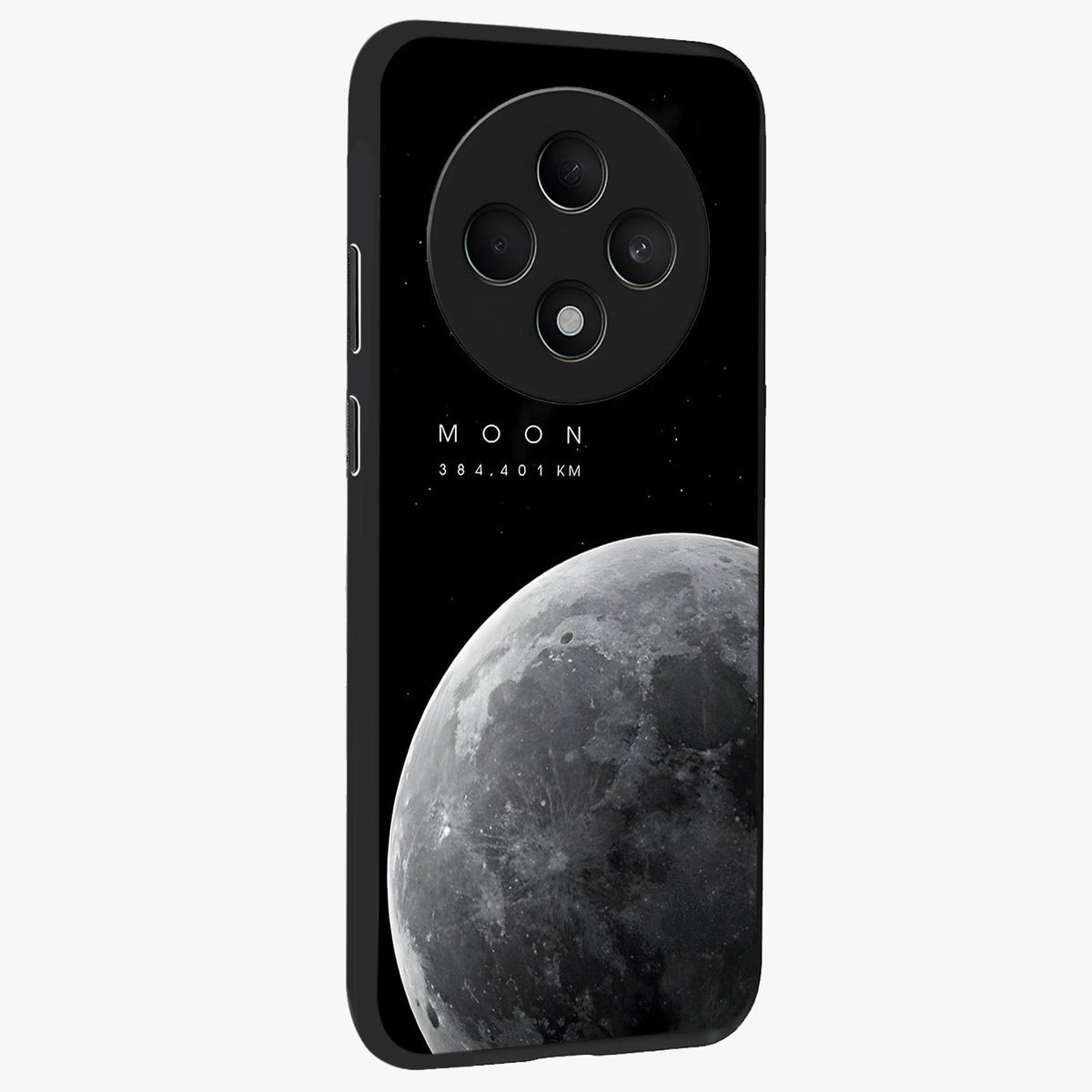 Cosmic Moon Glow Glass Case upright view showcasing luminous moon illustration with dreamy cosmic style.
