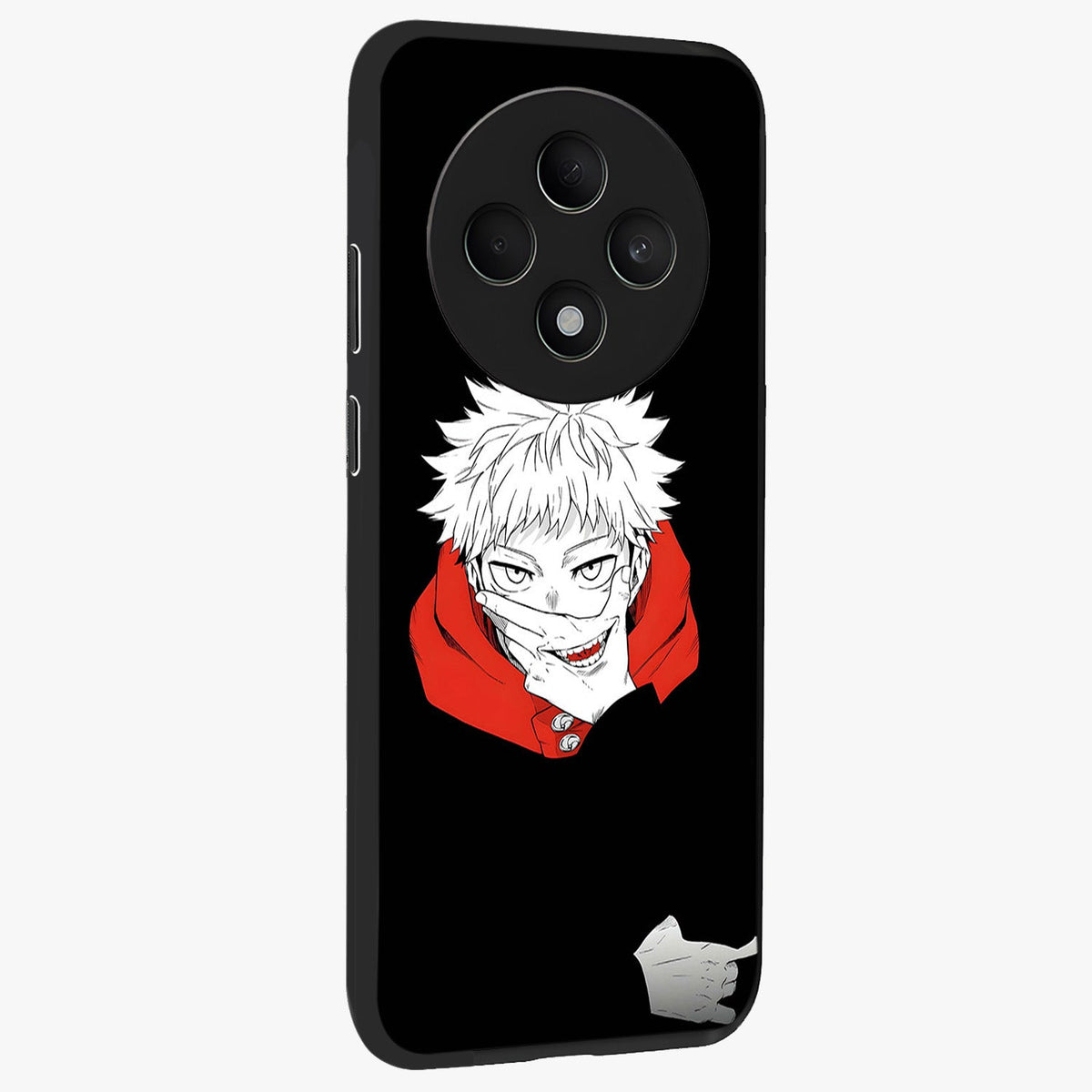 Crimson Chaos Smile Glass Case upright view showcasing expressive chaotic artwork with striking visual theme.