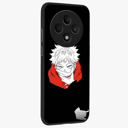 Crimson Chaos Smile Glass Case upright view showcasing expressive chaotic artwork with striking visual theme.
