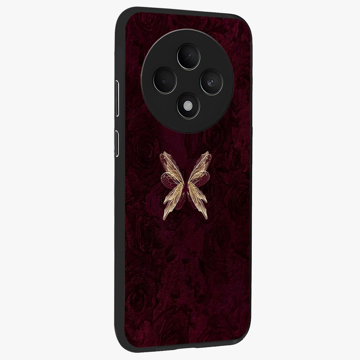 Crimson Fade Butterfly Glass Case upright view showcasing graceful butterfly artwork with soft crimson fade effect.