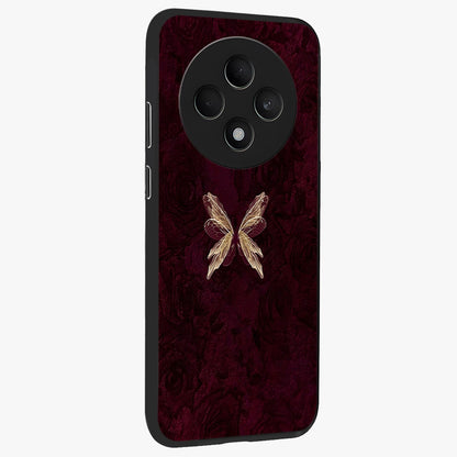 Crimson Fade Butterfly Glass Case upright view showcasing graceful butterfly artwork with soft crimson fade effect.