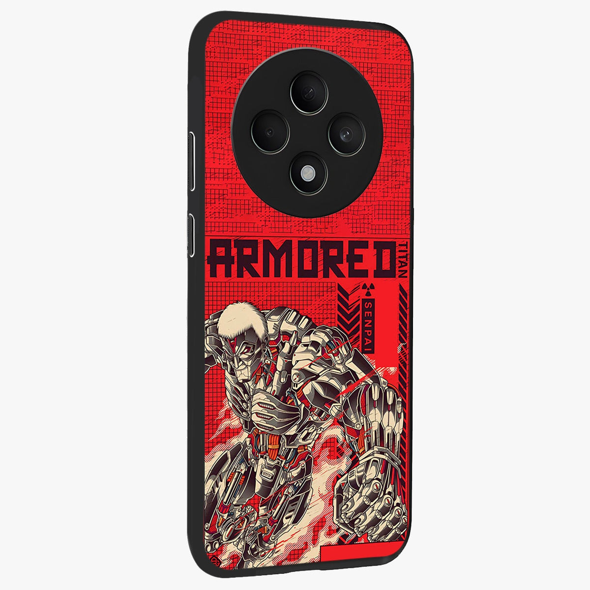 Crimson Mecha Titan Glass Case upright view showcasing dynamic robotic titan design with sci-fi inspired theme.