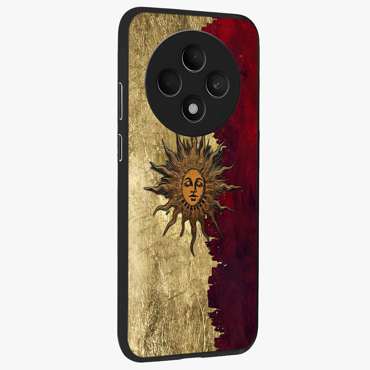 Crimson Sun Majesty Glass Case upright view showcasing vibrant sun artwork with powerful celestial theme.