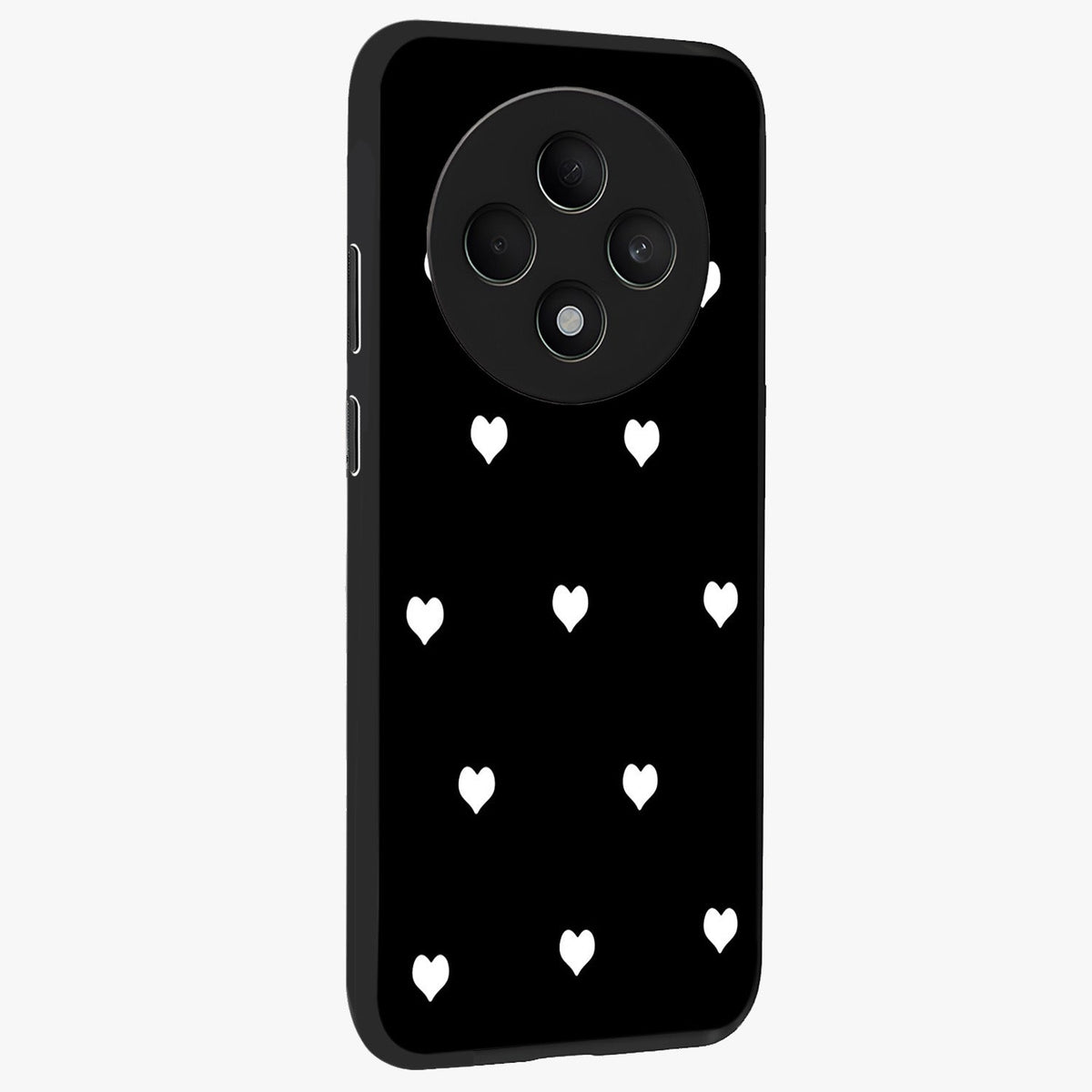 Cute And Simple White Hearts Glass Case upright view showcasing simple white hearts artwork with soft minimal theme.