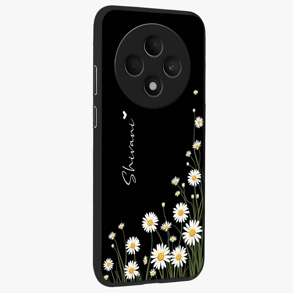 Daisy Cascade Custom Name Glass Case upright view showcasing elegant floral cascade design with personalized aesthetic.