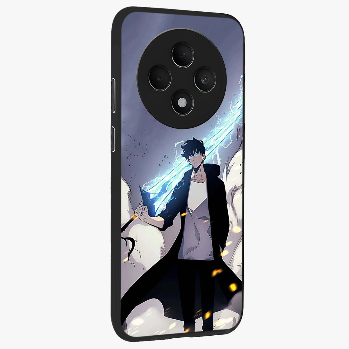 Dark Lightning Anime Warrior Glass Case upright view showcasing dramatic warrior artwork with dark lightning aesthetic.