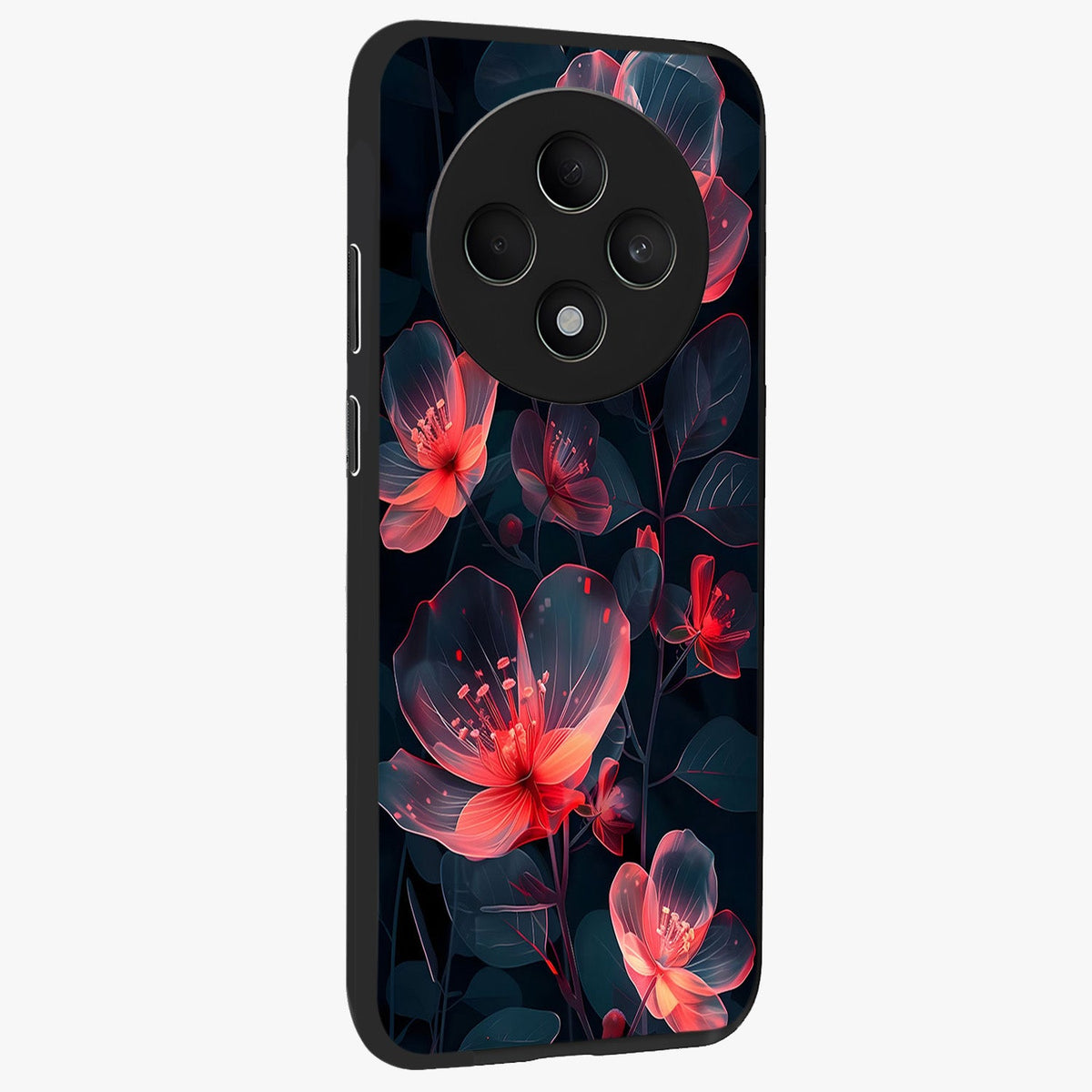 Dark Shade of Flower Glass Case upright view showcasing delicate flower artwork with rich dark floral theme.