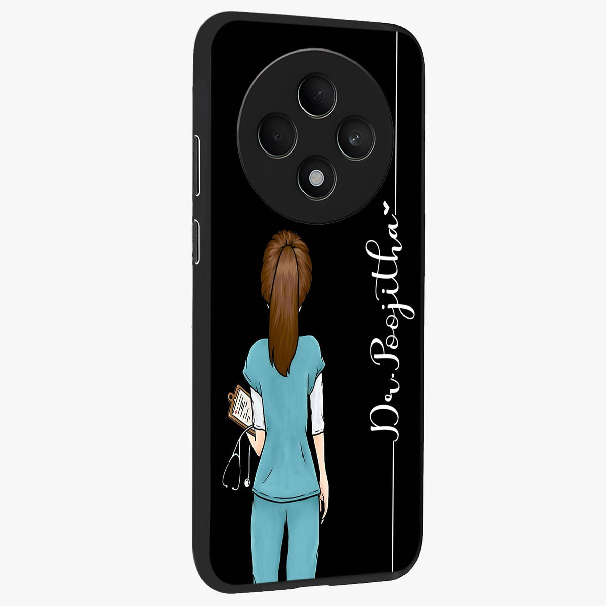 Doctor Pattern Custom Name Glass Case upright view showcasing healthcare themed design with personalized aesthetic.