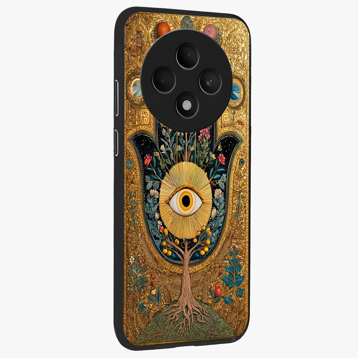 Ethereal Evil Eye Glass Case upright view showcasing celestial evil eye artwork with mystical theme.