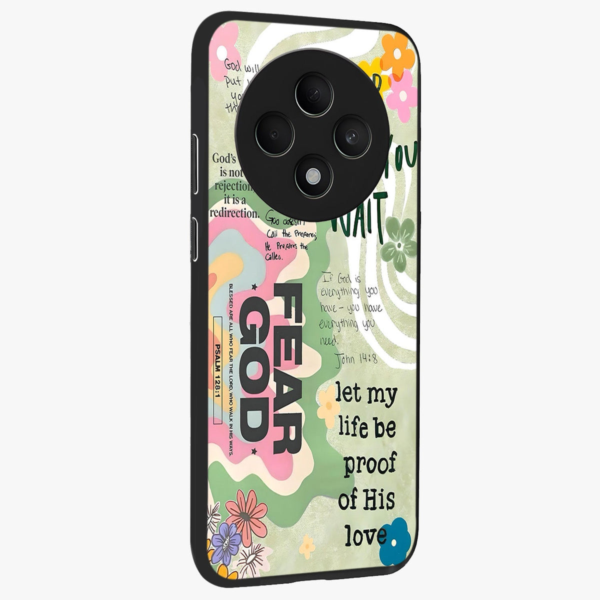 Faith Over Fear Glass Case upright view showcasing bold typography artwork with uplifting motivational theme.