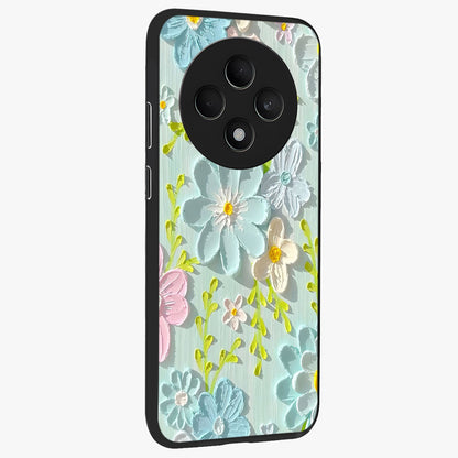 Frosted Petal Garden Glass Case upright view showcasing elegant floral garden artwork with soothing pastel theme.