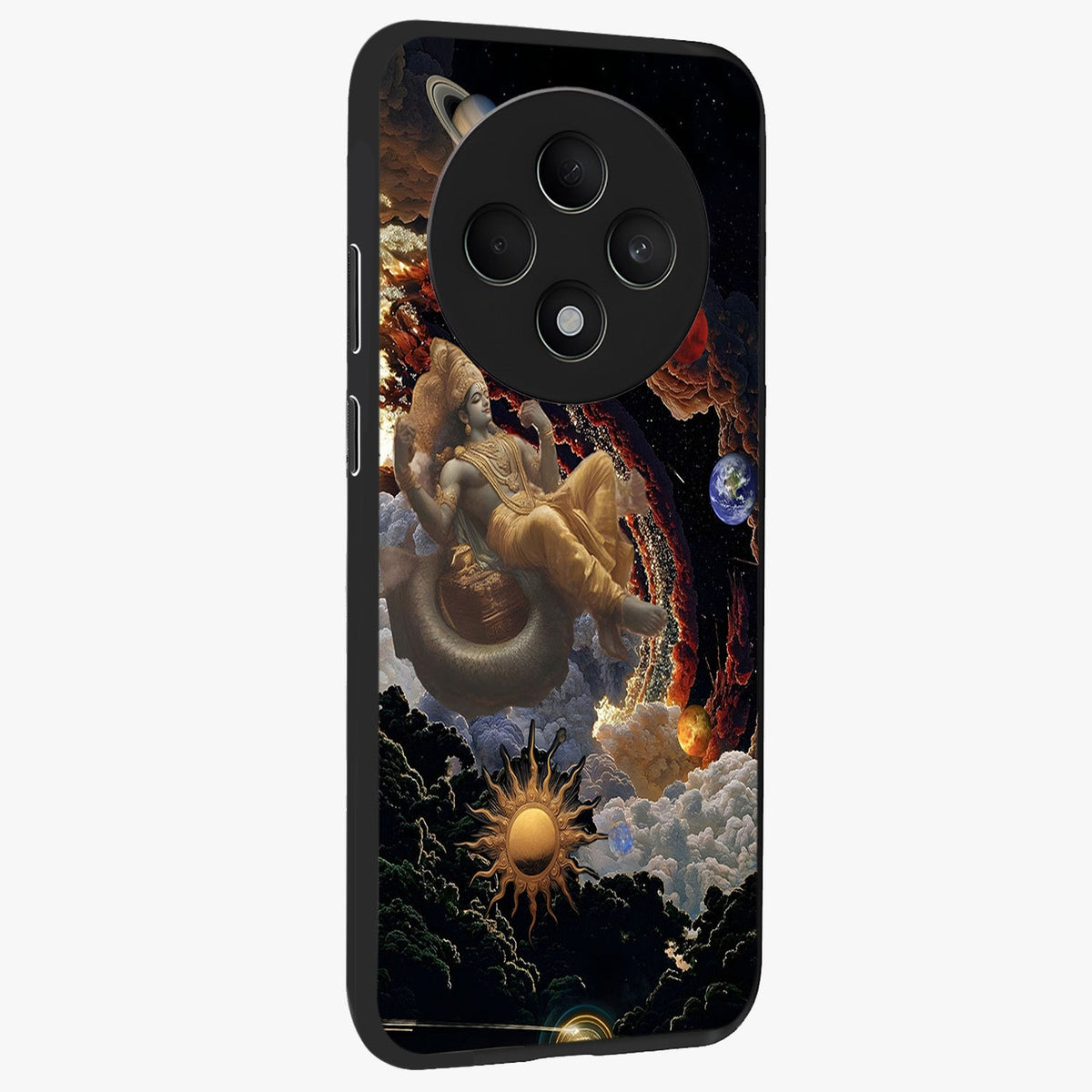 Galactic Divine God Glass Case upright view showcasing mystical divine artwork with dramatic cosmic theme.
