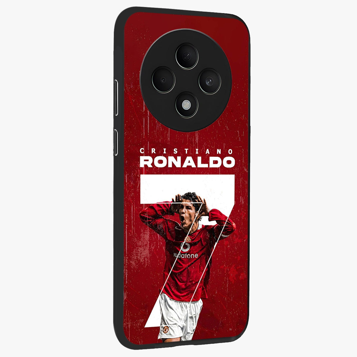 Goal Celebration Legacy Glass Case upright view showcasing dynamic football inspired artwork with victory celebration aesthetic.