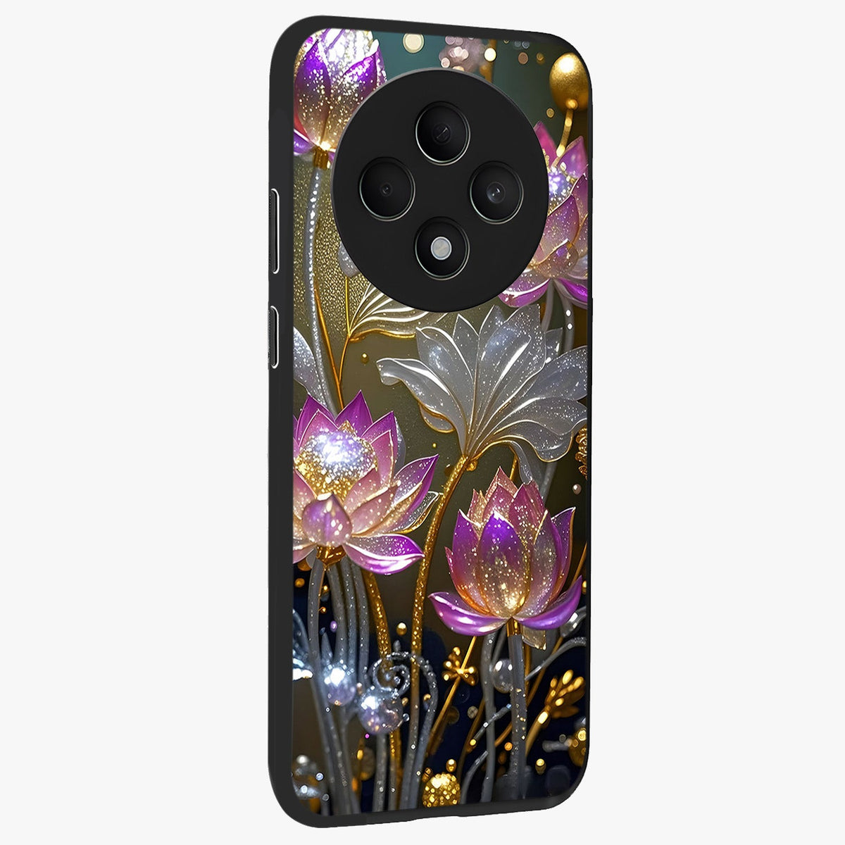 Golden Floral Majesty Glass Case upright view showcasing majestic floral artwork with rich decorative theme.