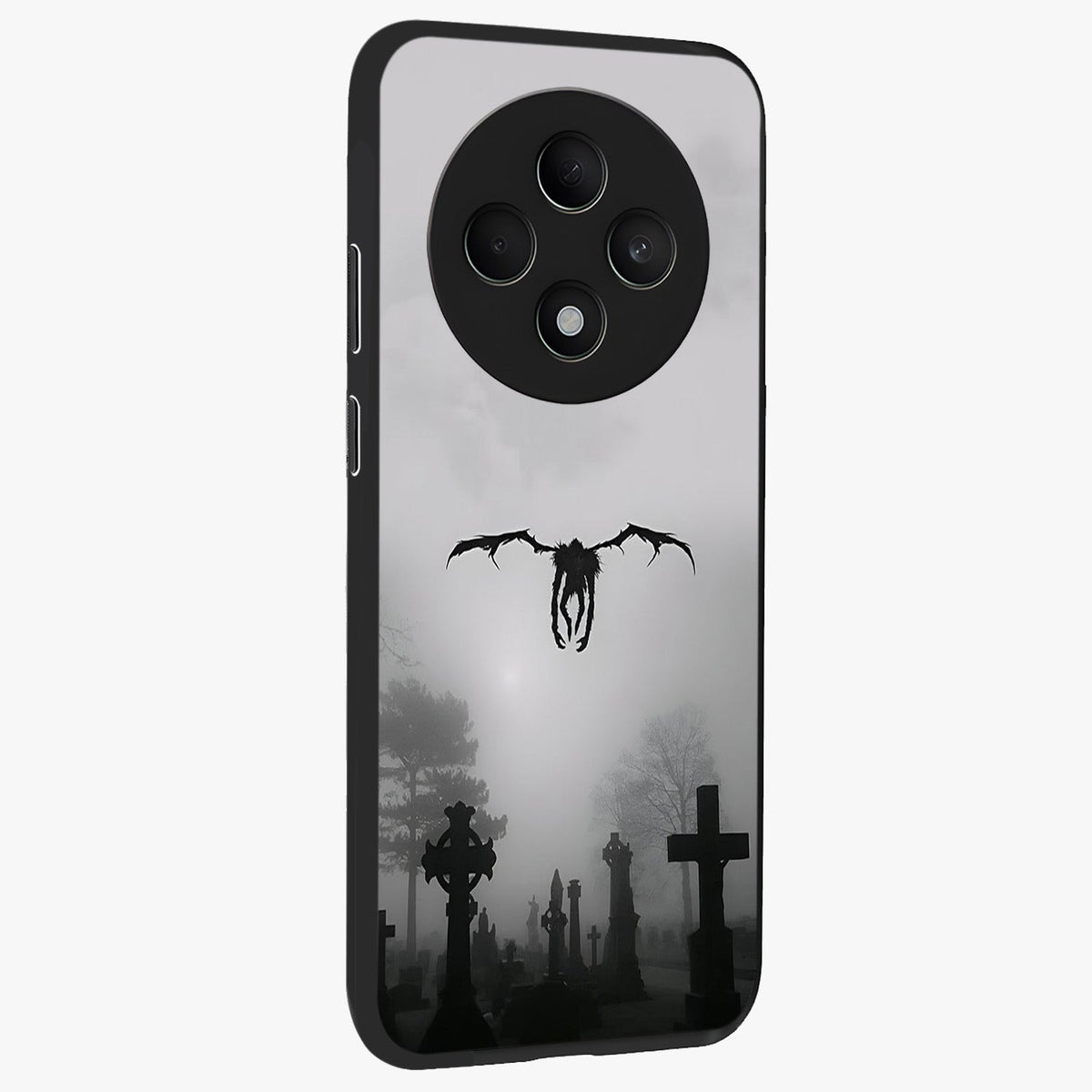 Graveyard Shadow Descent Glass Case upright view showcasing haunting graveyard artwork with dramatic dark theme.