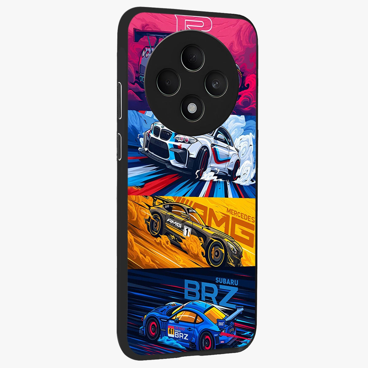 JDM Sports Car Glass Case upright view showcasing dynamic sports car artwork with bold racing theme.