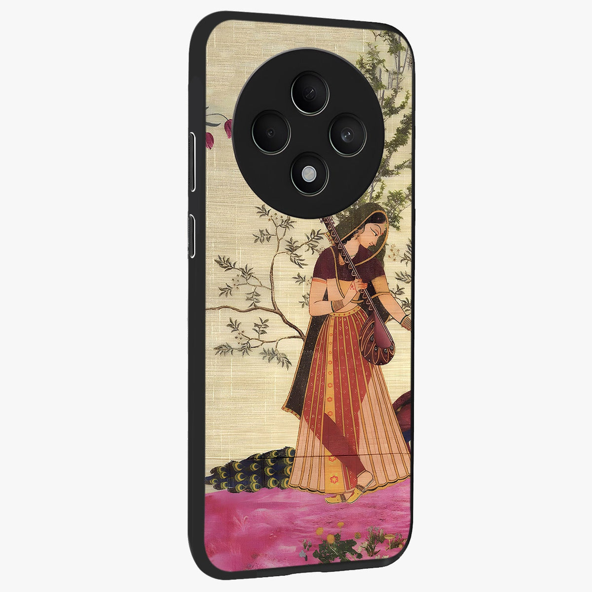 Lady With Veena Art Glass Case upright view showcasing classical veena artwork with traditional artistic theme.