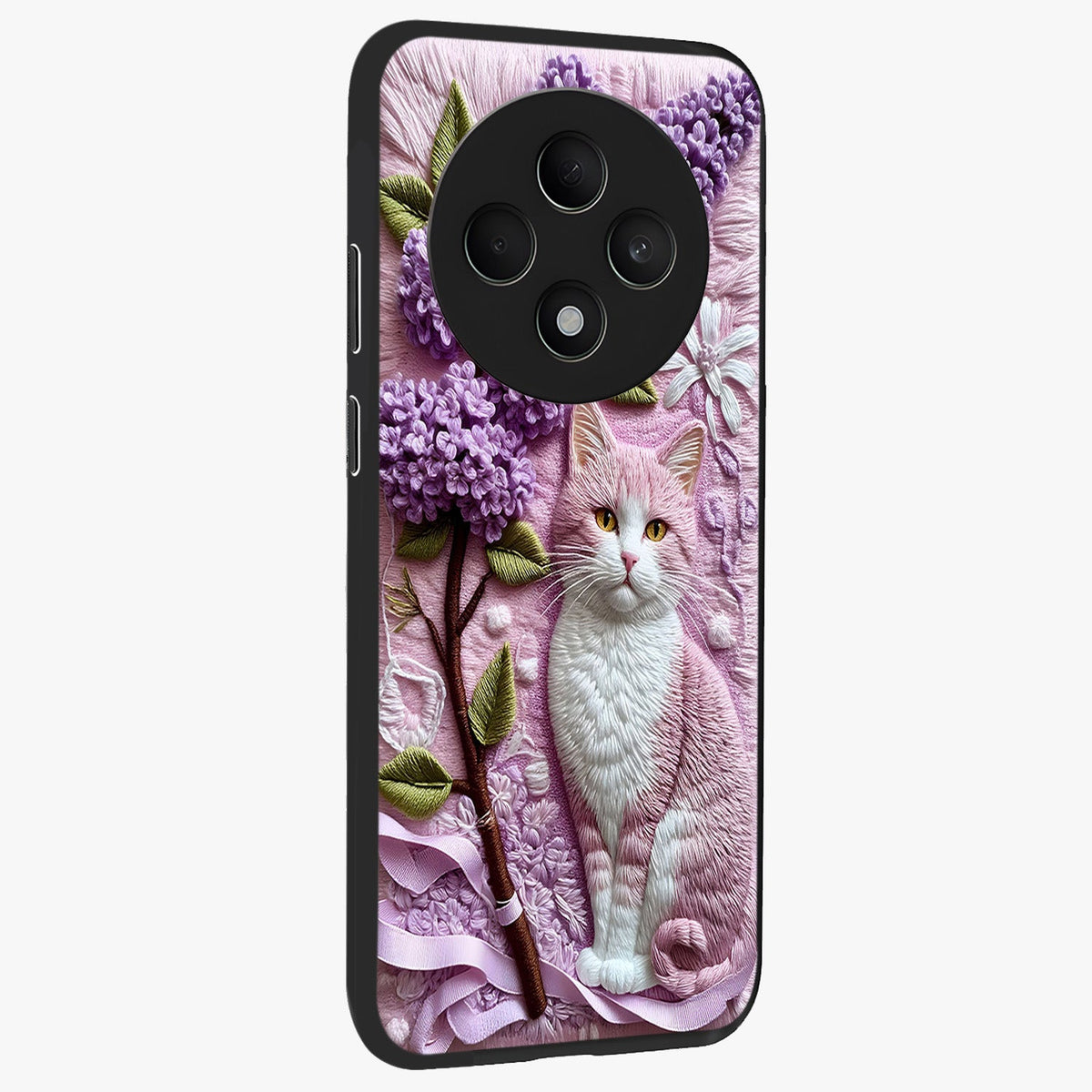 Lavender Cat Whimsy Glass Case upright view showcasing charming cat artwork with whimsical lavender theme.