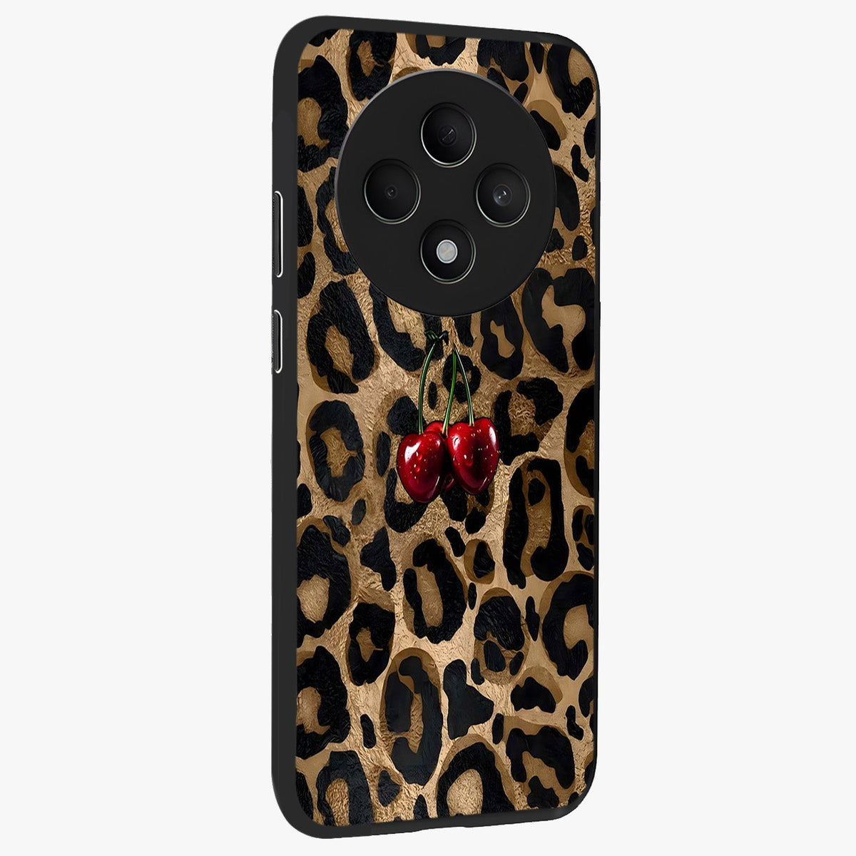 Leopard Wild Cherry Glass Case upright view showcasing stylish leopard pattern artwork with trendy fashion theme.