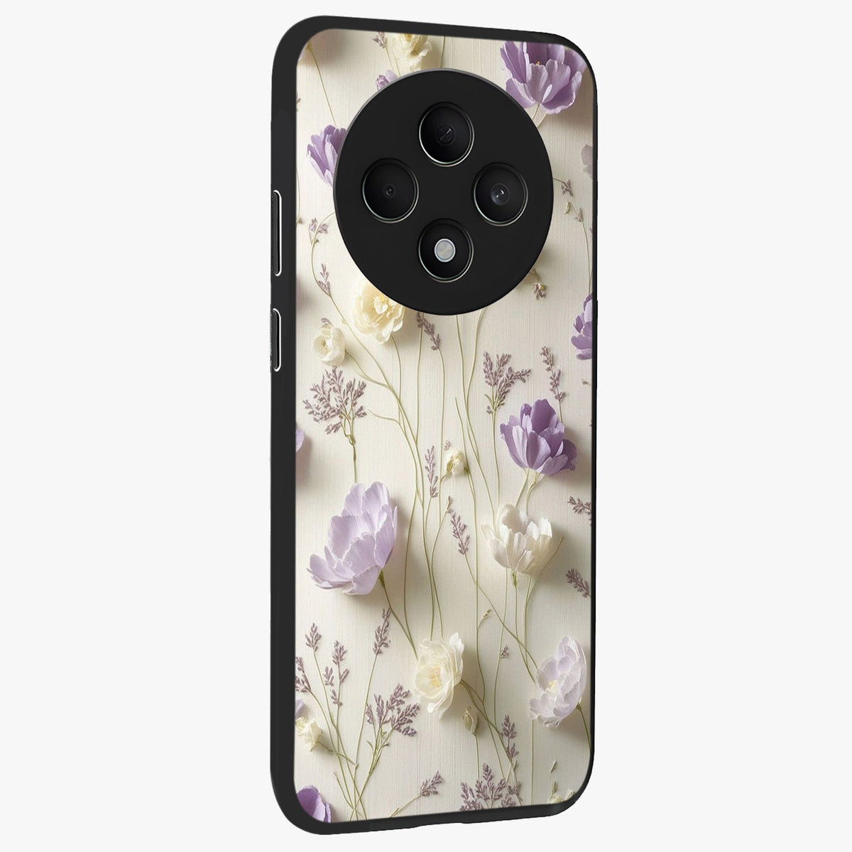 Lilac Breeze Harmony Glass Case upright view showcasing delicate lilac artwork with peaceful floral theme.