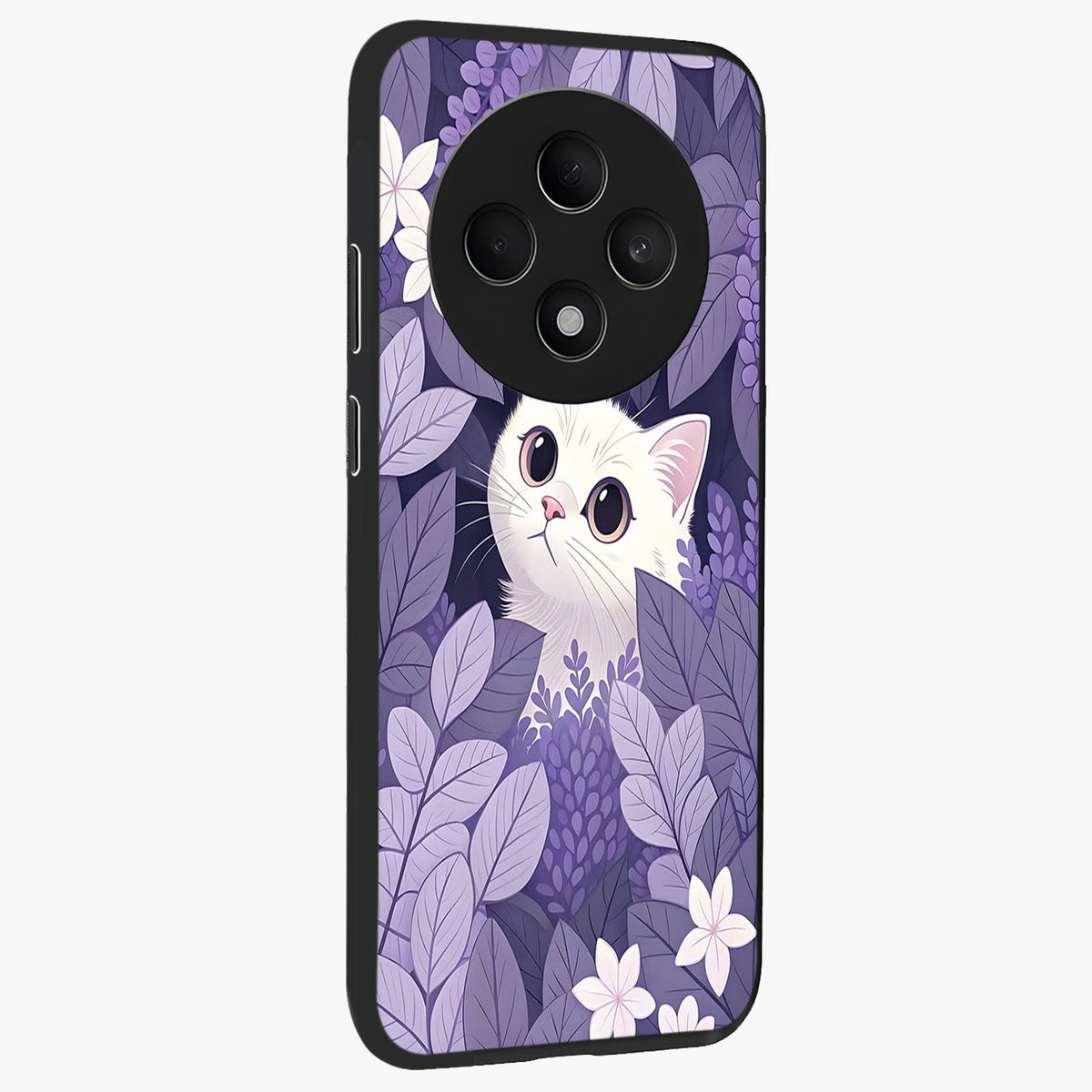 Lilac Hide Peek Cat Glass Case upright view showcasing charming cat artwork with adorable peek theme.