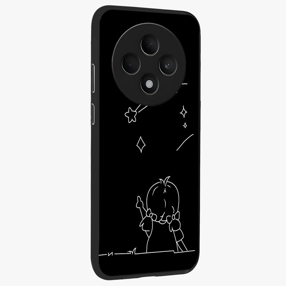 Line Art Girl With Shooting Stars Glass Case upright view showcasing delicate shooting stars artwork with minimal artistic theme.
