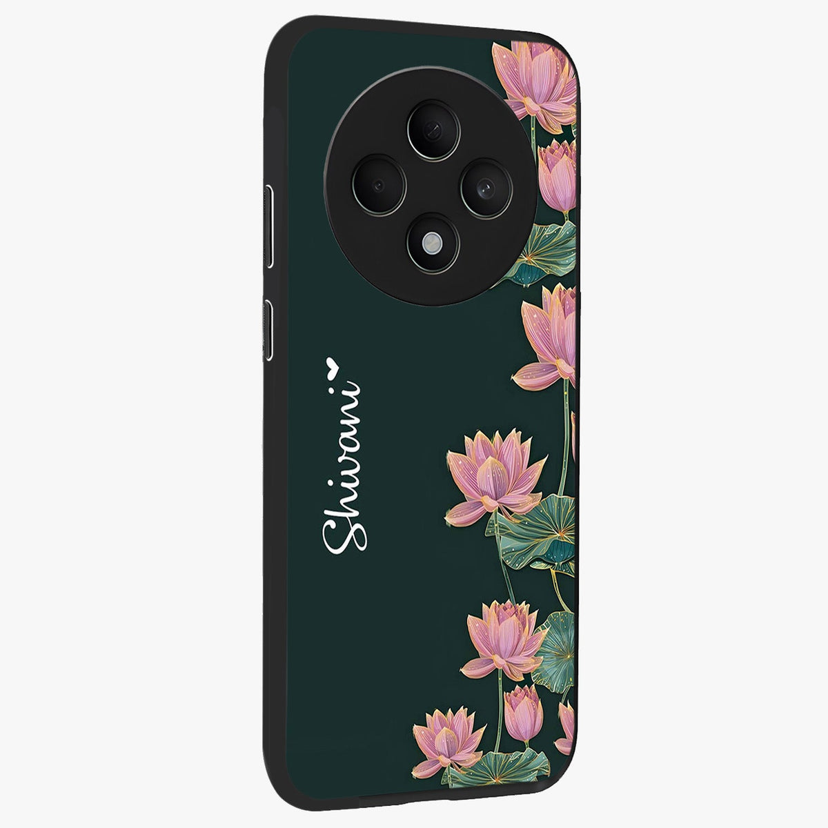 Lotus Bloom Serenity Custom Name Glass Case upright view showcasing serene lotus bloom artwork with personalized floral aesthetic.