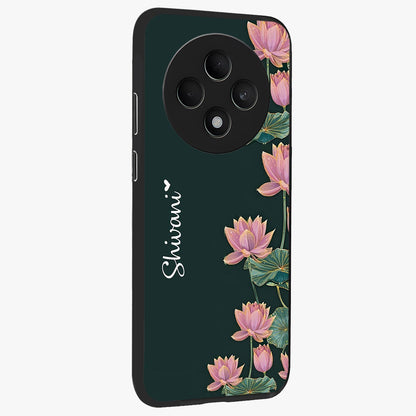 Lotus Bloom Serenity Custom Name Glass Case upright view showcasing serene lotus bloom artwork with personalized floral aesthetic.