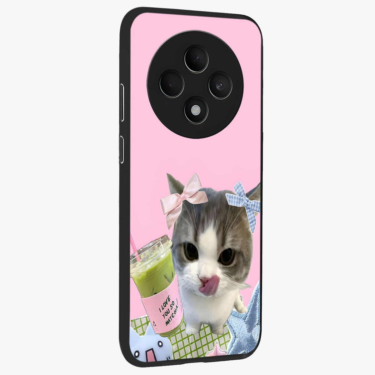 Love Matcha Cat Glass Case upright view showcasing adorable cat artwork with charming matcha themed design.