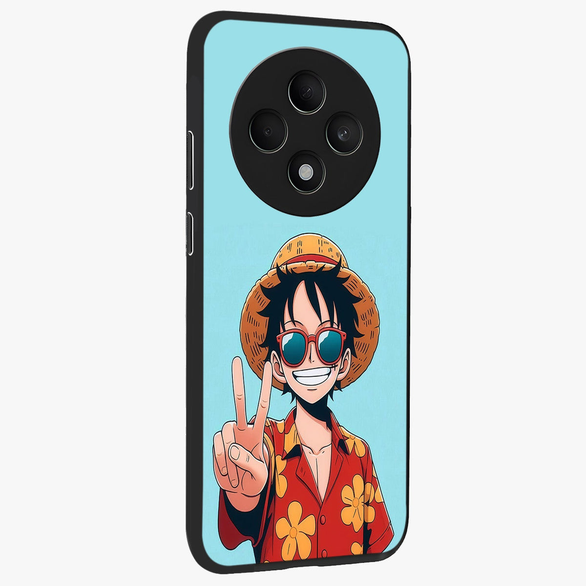 Luffy Summer Anime Vibe Glass Case upright view showcasing dynamic anime artwork with bright adventurous theme.