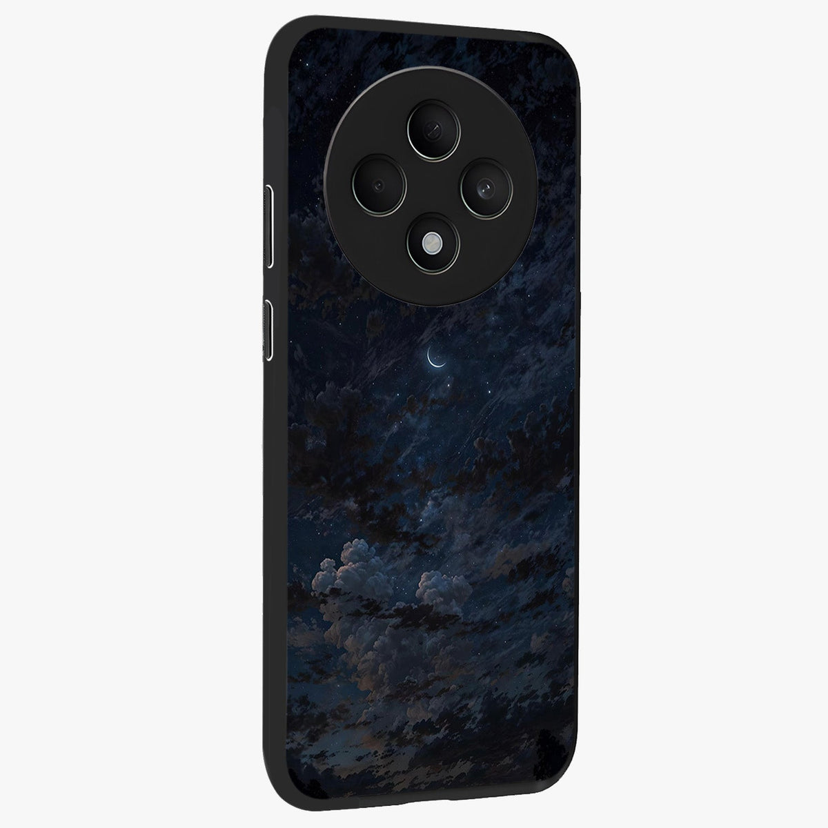 Lunar Veil Silence Glass Case upright view showcasing calm moon themed artwork with serene night atmosphere.