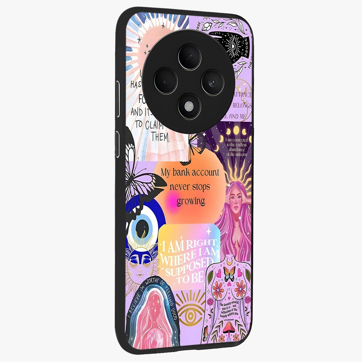Manifestation Collage Glass Case upright view showcasing artistic manifestation themed artwork with creative style.