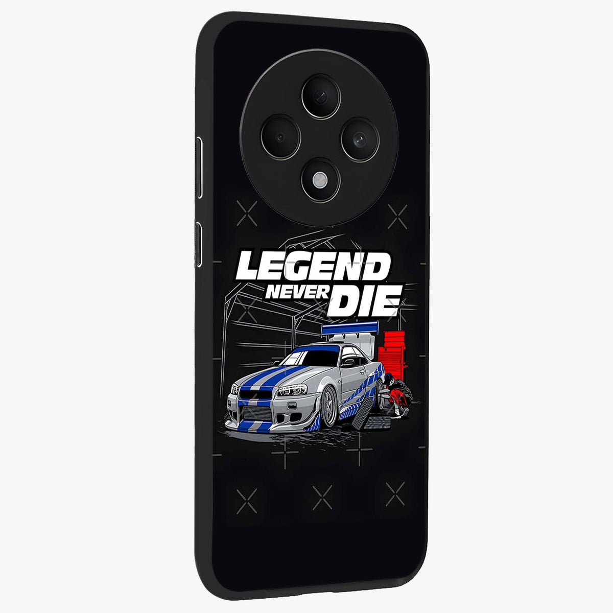 Midnight Racing Legacy Glass Case upright view showcasing powerful racing artwork with modern sports theme.