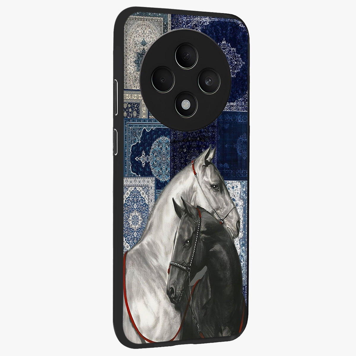 Midnight Stallion Blues Glass Case upright view showcasing dramatic horse artwork with bold artistic theme.