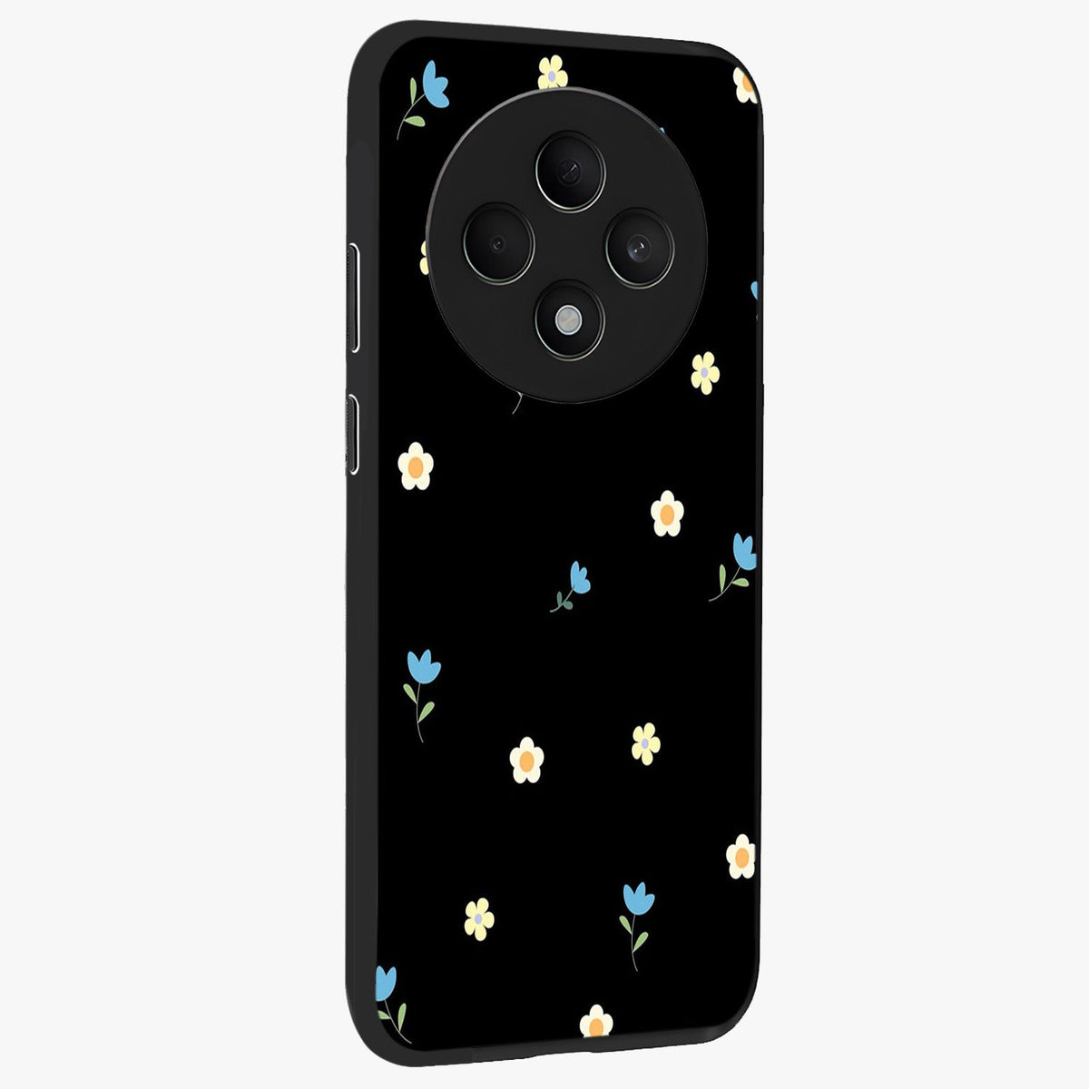 Minimal Petal Whispers Glass Case upright view showcasing elegant floral artwork with modern minimalist style.