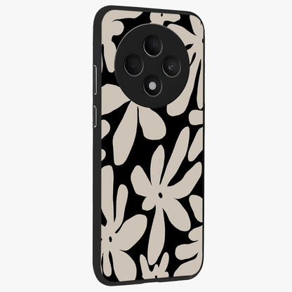 Monochrome Petal Dance Glass Case upright view showcasing artistic floral pattern with stylish monochrome theme.