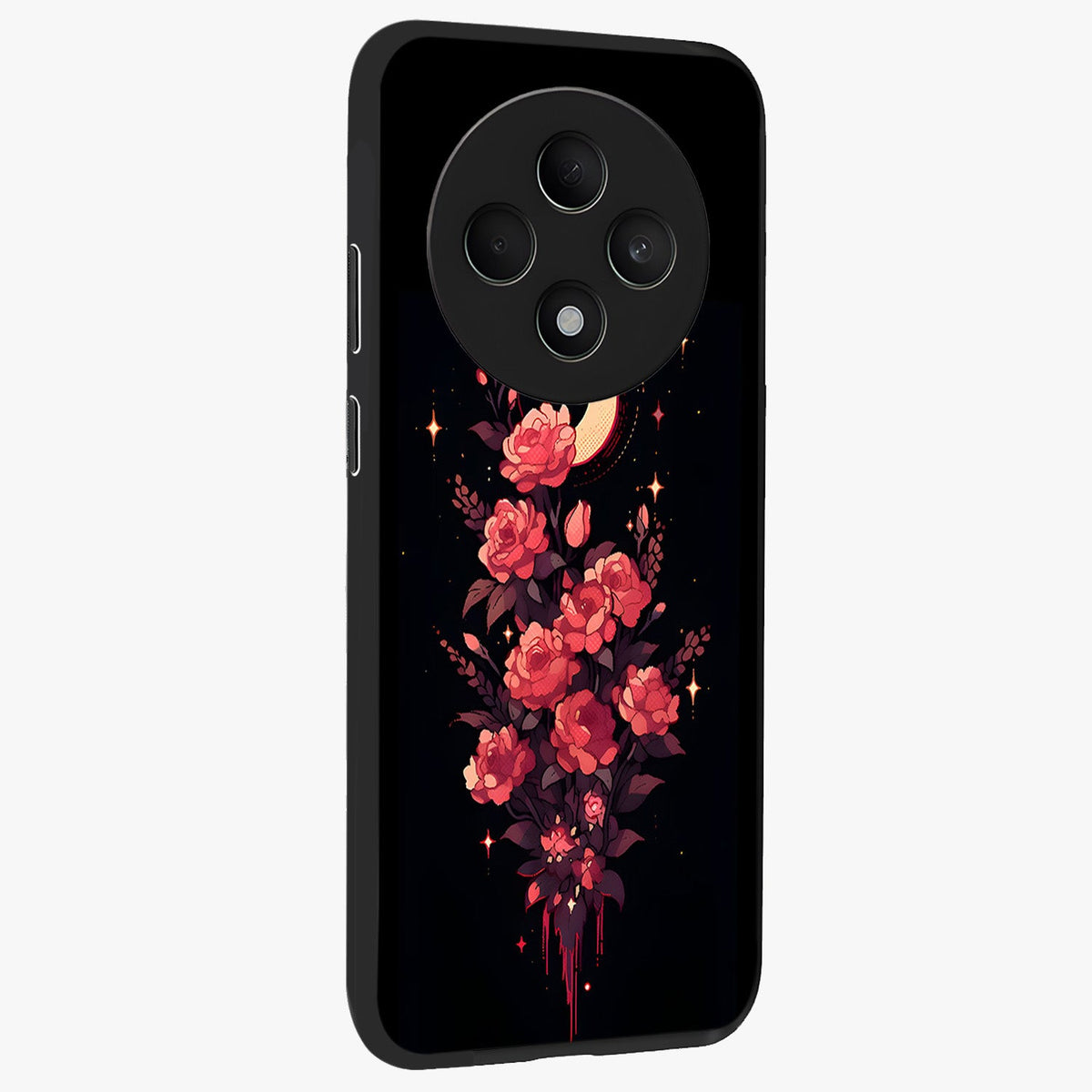 Moonlit Floral Elegance Glass Case upright view showcasing delicate floral artwork with refined night inspired theme.