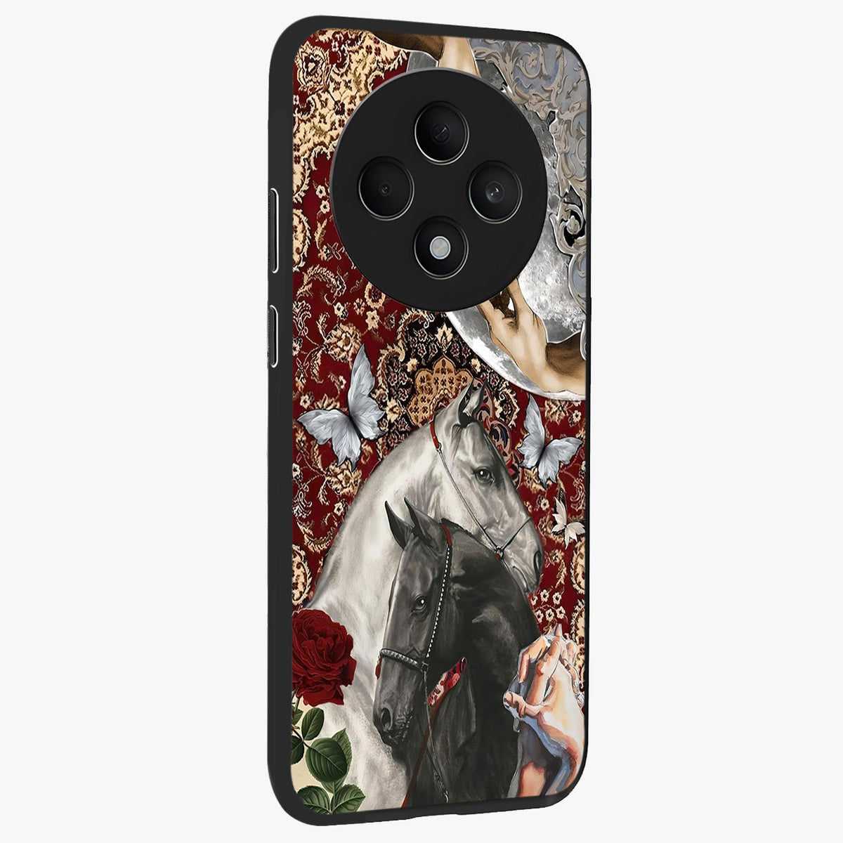 Moonlit Royal Stallion Glass Case upright view showcasing dramatic horse artwork with glowing moon themed design.