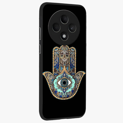 Mystic Hamsa Eye Glass Case upright view showcasing detailed hamsa eye artwork with protective spiritual theme.