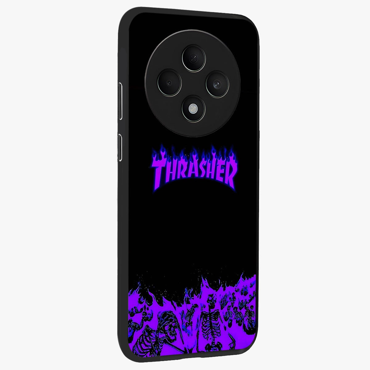 Neon Flame Riot Glass Case upright view showcasing dynamic flame artwork with energetic neon theme.