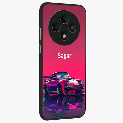 Neon Pink Porsche Glass Case upright view showcasing vibrant sports car artwork with bold automotive theme.